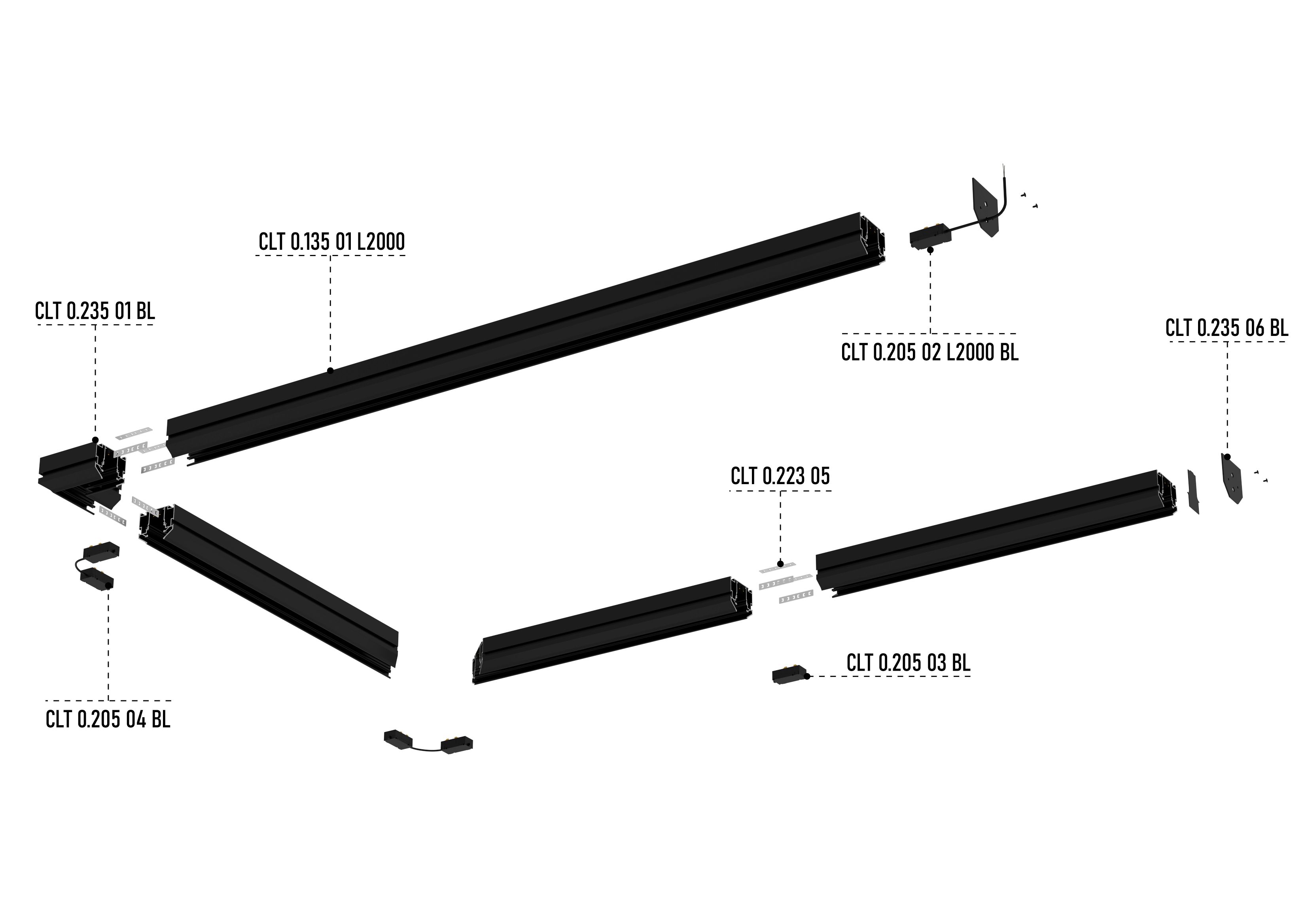 Встраиваемый трек 220v в натяжной пвх потолок crystal lux clt 0.135 01 l2000 bl